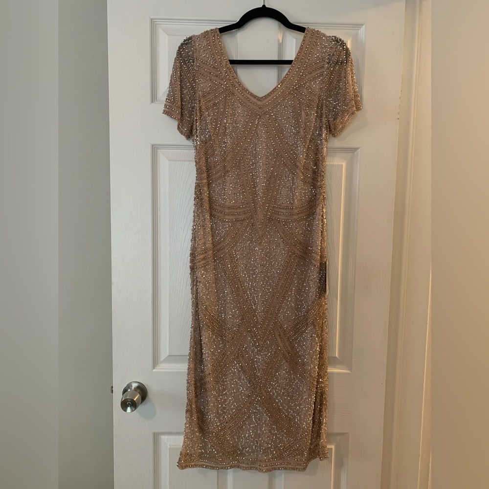 Pisarro Nights Beaded Cocktail Sheath Midi Dress in light Blush NWT Sz 6